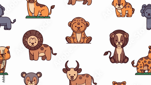 A playful assortment of cartoon safari animals with thick outlines and simple features
