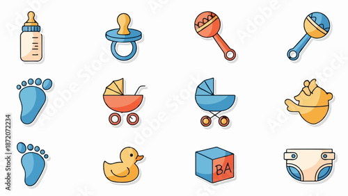 A playful assortment of baby items including a bottle, pacifier, rattles, strollers, a duck, footprints, a toy block, and a diaper