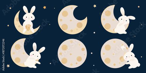 Cute rabbits enjoying the night sky sitting on crescent moons and circles