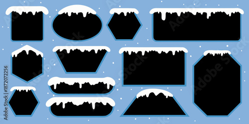 Dark shapes with snowy edges arranged against a pale blue background