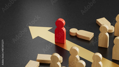 Red Leads: On Blue Upward Arrow, Light Figures Surround