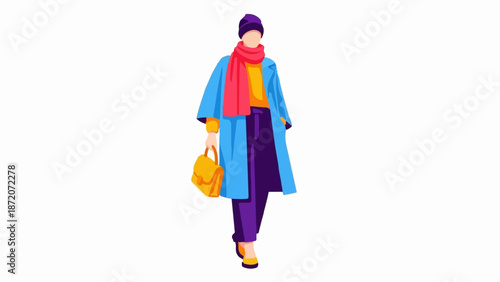 A person walks, holding a purse, wearing a stylish blue coat, scarf, and hat