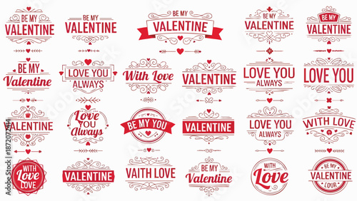 Elegant red Valentine's Day badges and romantic love labels collection, featuring ornate typography, decorative hearts, and flourishes, perfect for festive celebrations