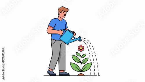 A person waters a single flower growing from the earth with a blue watering can