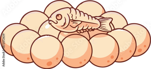 A playful cartoon fish rests atop a pile of rounded, golden pastries