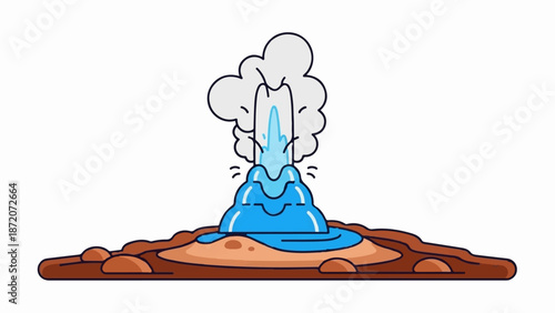 A playful cartoon geyser erupts with blue water and steam