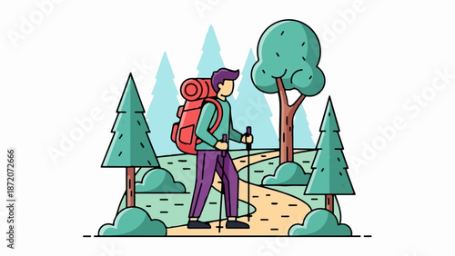A person with a backpack walks along a path in a forest with trees