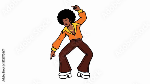 A person with an afro dances in a flamboyant orange shirt and brown bell-bottoms