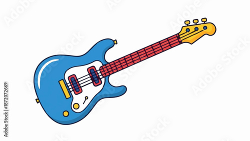 A playful, cartoon-style bass guitar in bright blue with a red fretboard and yellow headstock