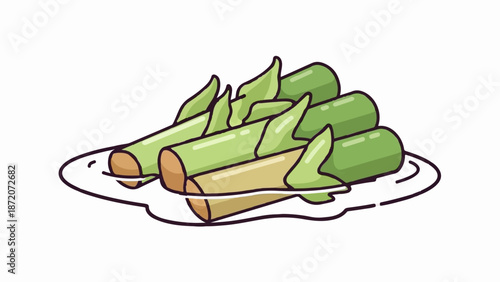 A playful cartoon illustration of fresh green asparagus spears artfully arranged on a simple white plate, a delightful culinary depiction