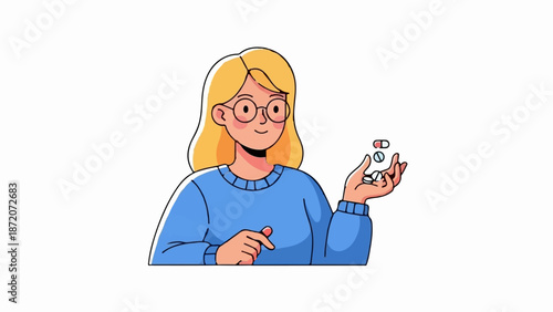 A person with blonde hair and glasses holds pills in their hand