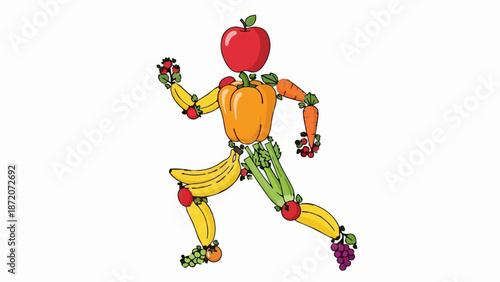 A playful figure made of fruits and vegetables jogging