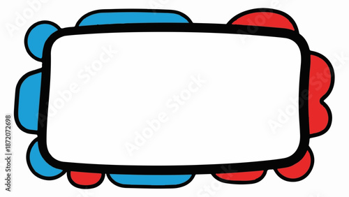 A playful frame with red and blue rounded elements enclosing a white rectangle