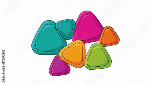 A playful pile of rounded triangles in bright, contrasting colors creates a vibrant abstract composition