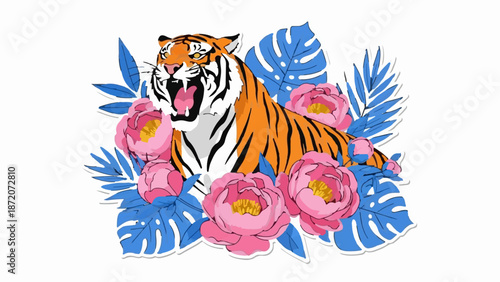 A roaring tiger with vibrant pink peonies and striking blue tropical leaves