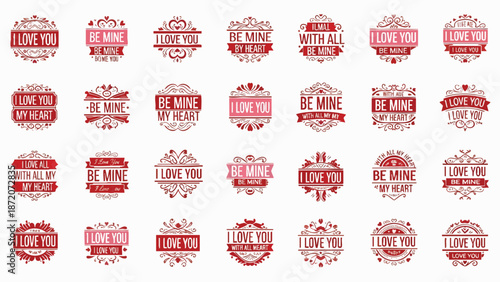A Collection of Elegant Valentines Day Emblems and Badges Featuring Romantic Typography and Decorative Ornaments on a White Background