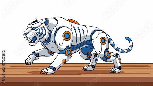 A robotic white tiger with blue accents walks on a wooden surface