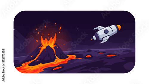 A rocket flies over a volcanic landscape with lava flows and eruptions under a dark sky