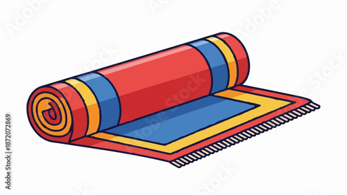 A rolled-up, partially unrolled colorful rug with fringed edges