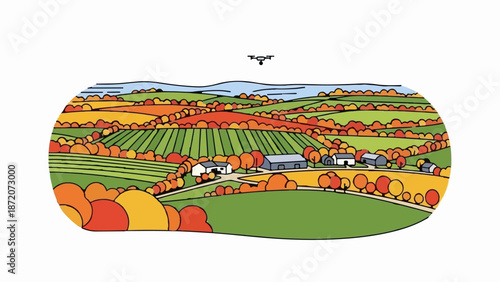 A picturesque autumn farm landscape viewed from above, with a drone surveying the colorful fields