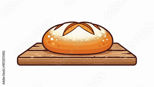 A round loaf of bread with a scored crust sits on a wooden cutting board