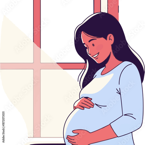 A pregnant woman with a warm smile gently holds her belly by a window