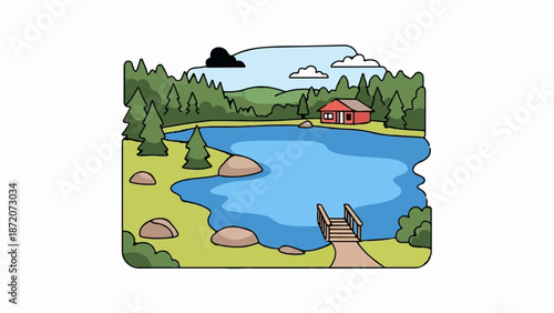 A picturesque cabin by a serene lake, surrounded by lush green trees and rolling hills