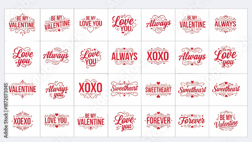 Elegant collection of romantic typography and decorative lettering designs perfect for Valentine's Day, anniversaries, and expressing heartfelt love messages, ideal for cards and festive decorations