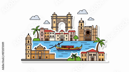 A picturesque canal city scene with historic buildings, palm trees, and a gondola