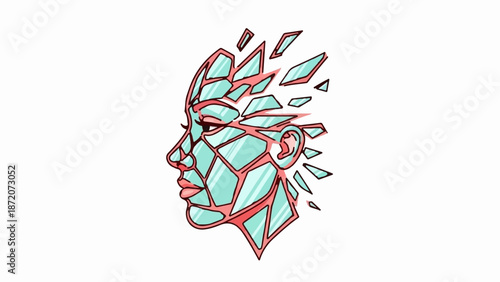 A profile of a face composed of shattered geometric shapes, with pink outlines and teal fill