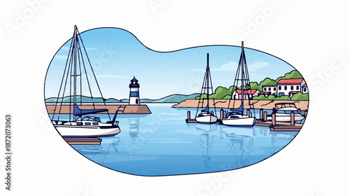 A picturesque harbor scene featuring sailboats, a lighthouse, and coastal buildings under a clear sky