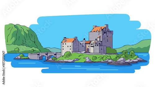 A picturesque castle stands on an island connected by a stone bridge to a green hill