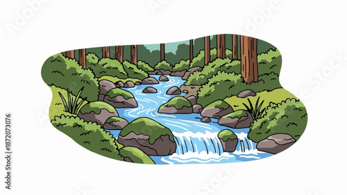 A picturesque forest stream flows through moss-covered rocks and lush green bushes