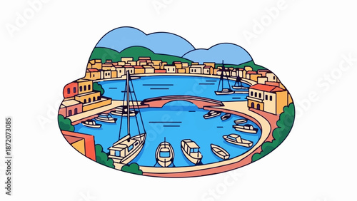 A picturesque harbor town with sailboats and a bridge under rolling hills