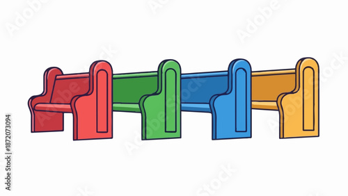 A row of colorful benches in red, green, blue, and yellow, creating a vibrant seating arrangement