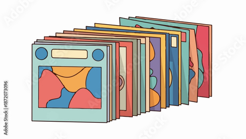 A row of colorful, abstract patterned cards, slightly angled