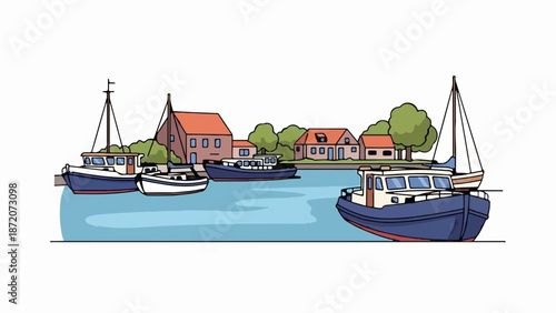 A picturesque harbor with boats docked near charming houses and lush trees