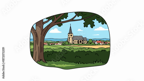 A picturesque village scene with a prominent church, surrounded by lush fields and a large tree