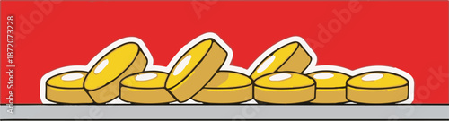 A row of golden coin-like objects with a red background