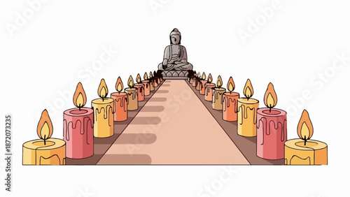 A row of lit candles leads to a serene Buddha statue