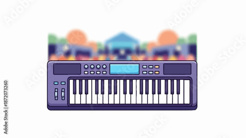 A purple synthesizer with white and black keys sits before a blurred colorful background