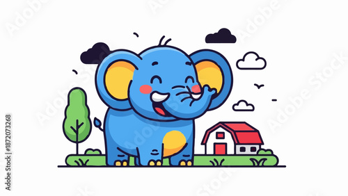 A happy blue elephant stands near a charming red-roofed barn and a green tree