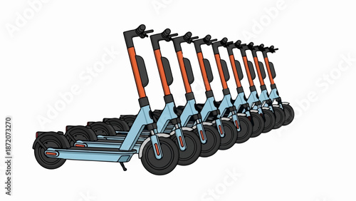 A row of light blue and orange electric scooters, parked closely together