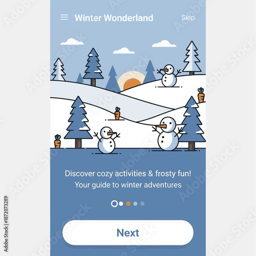 Three cheerful snowmen with carrot noses and stick arms in a winter wonderland scene.