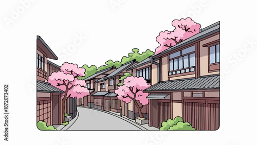 A quaint street lined with traditional buildings and blooming cherry trees