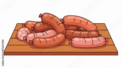 A pile of cartoon sausages in varying shades of pink and brown, arranged on a wooden cutting board