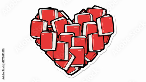 A heart shape formed from a pile of red books with white pages
