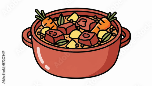 A rustic red pot brimming with hearty stew, featuring chunks of meat, carrots, and potatoes