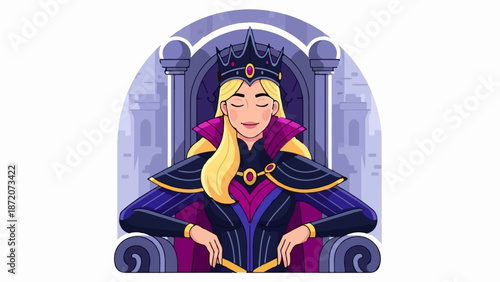 A queen with blonde hair and a crown sits on her throne, eyes closed in contentment
