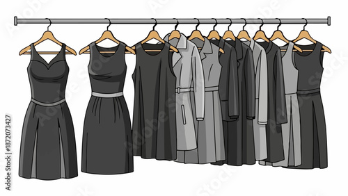 A rack of assorted monochrome dresses and coats